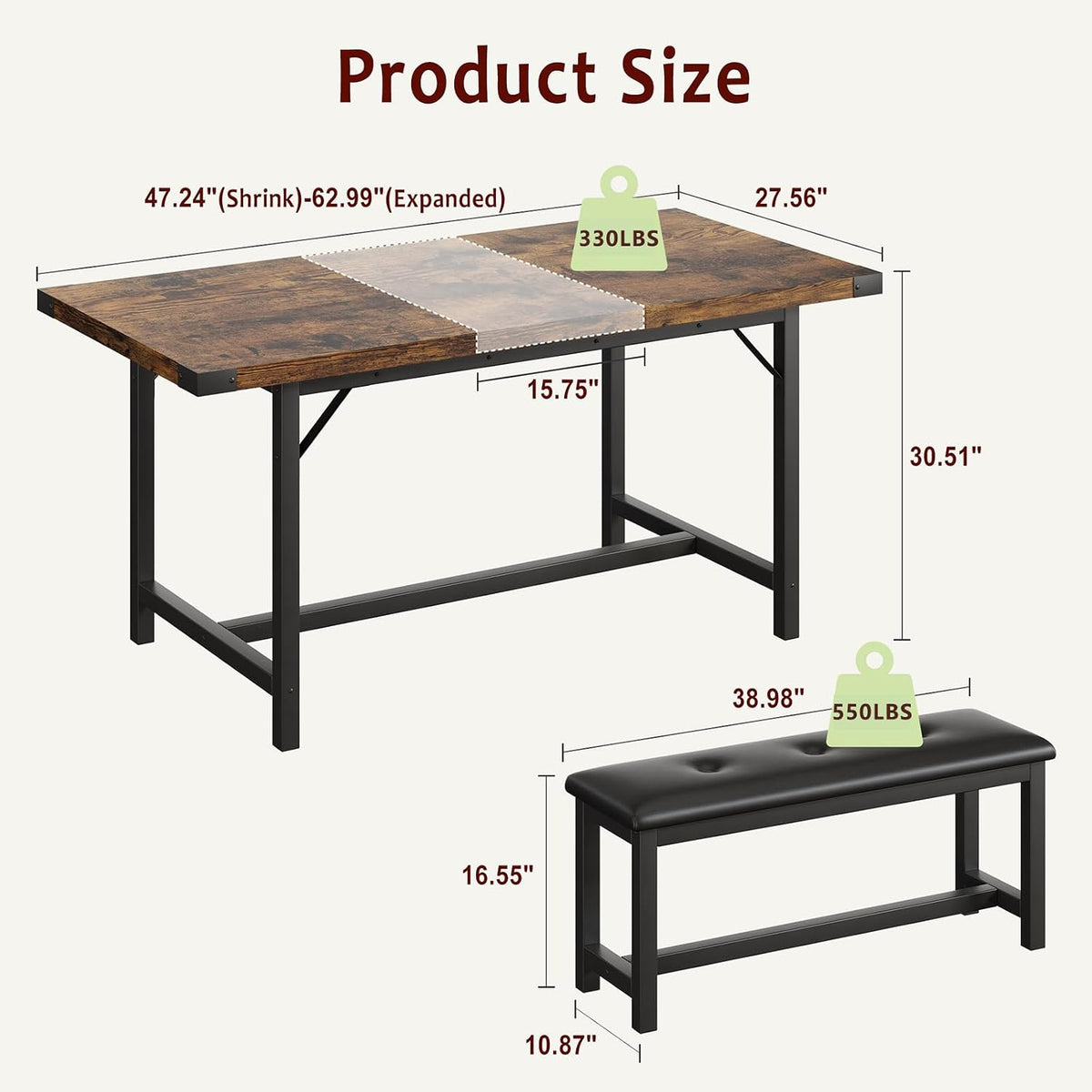 IDEALHOUSE 3 Piece Dining Table Set for 4-6, 63" Extendable Thick Metal Frame Kitchen Table with 2 Upholstered Benches Set for 6, Rectangle Wooden Dinette Table Set for Dining, Apartment, Retro Brown