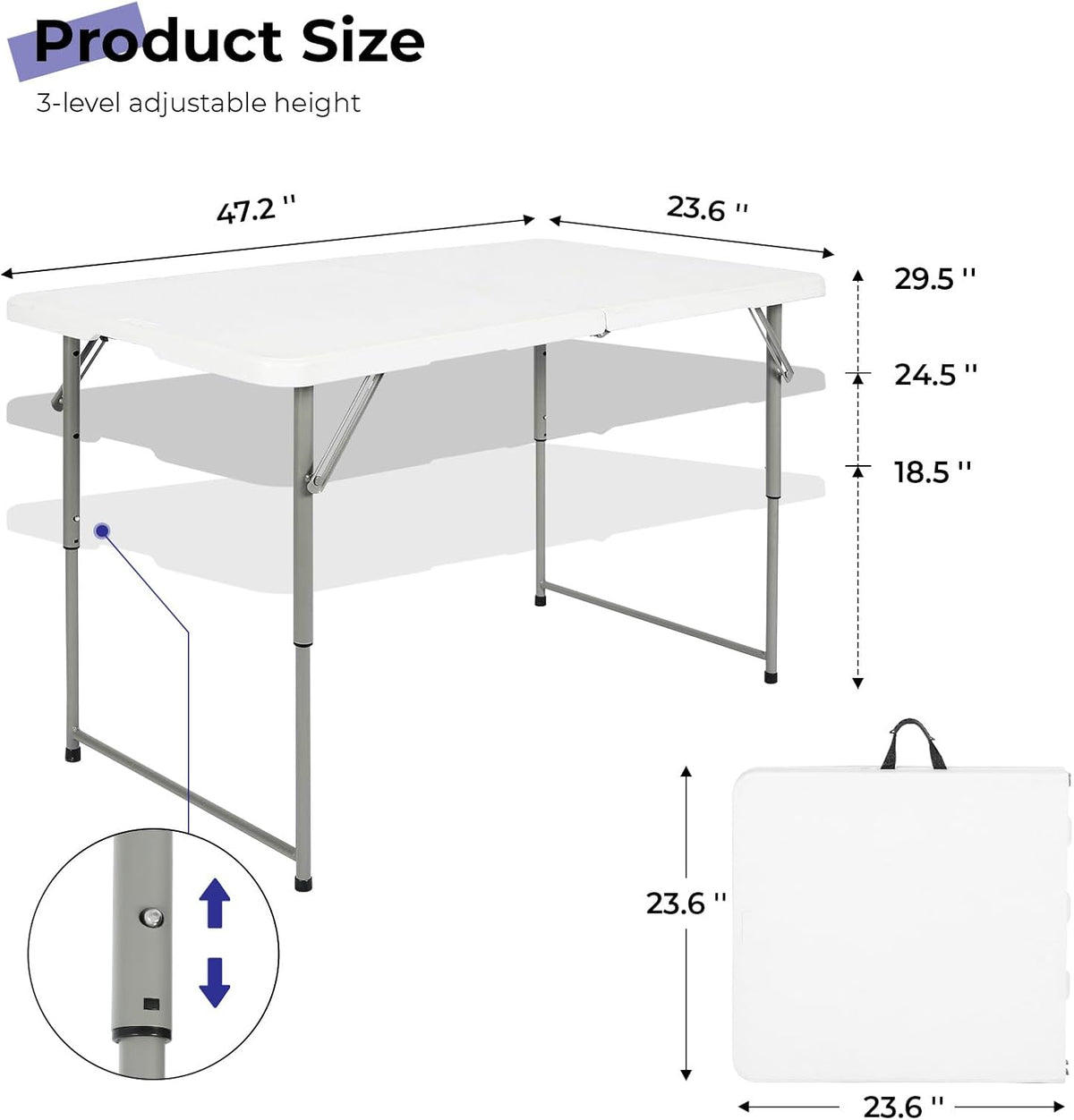 Folding Table 4 Foot,Portable Heavy Duty Plastic Utility Table,White | Adjustable Height,HDPE Tabletop,Small Fold-in-Half Design,Carrying Handle,Indoor Outdoor Use for Camping,Party
