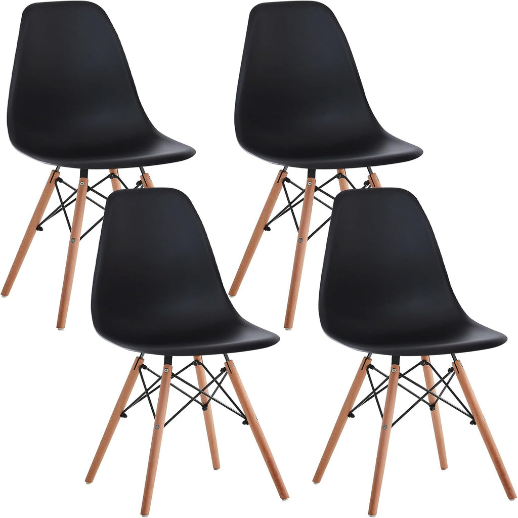 Dining Chairs Set of 4, Modern Plastic Kitchen Chairs with Beech Wood Legs for Dinner Living Waiting Room Bedroom, Black