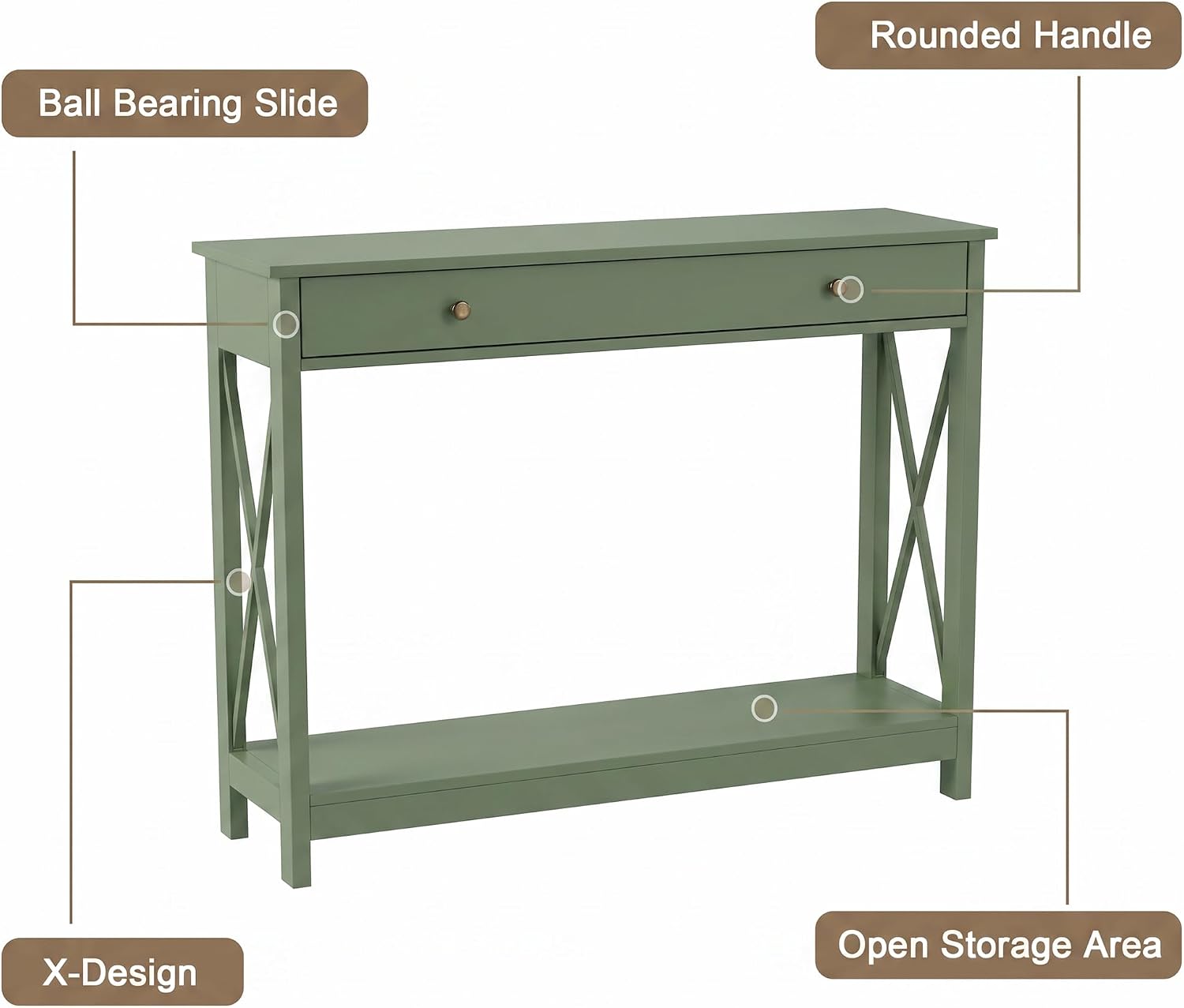 Treocho 40" Farmhouse Console Table with Drawer and Storage Shelves | Entryway, Living Room, Hallway, Antique, Green