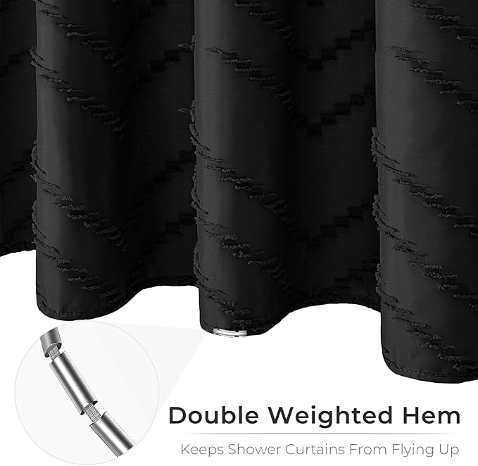 Extra Long Black Boho Shower Curtain 84 Inch Black Tufted Chevron Striped Fabric Shower Curtains for Bathroom Modern Shabby Chic Waterproof Cloth Shower Curtain Set with Hooks