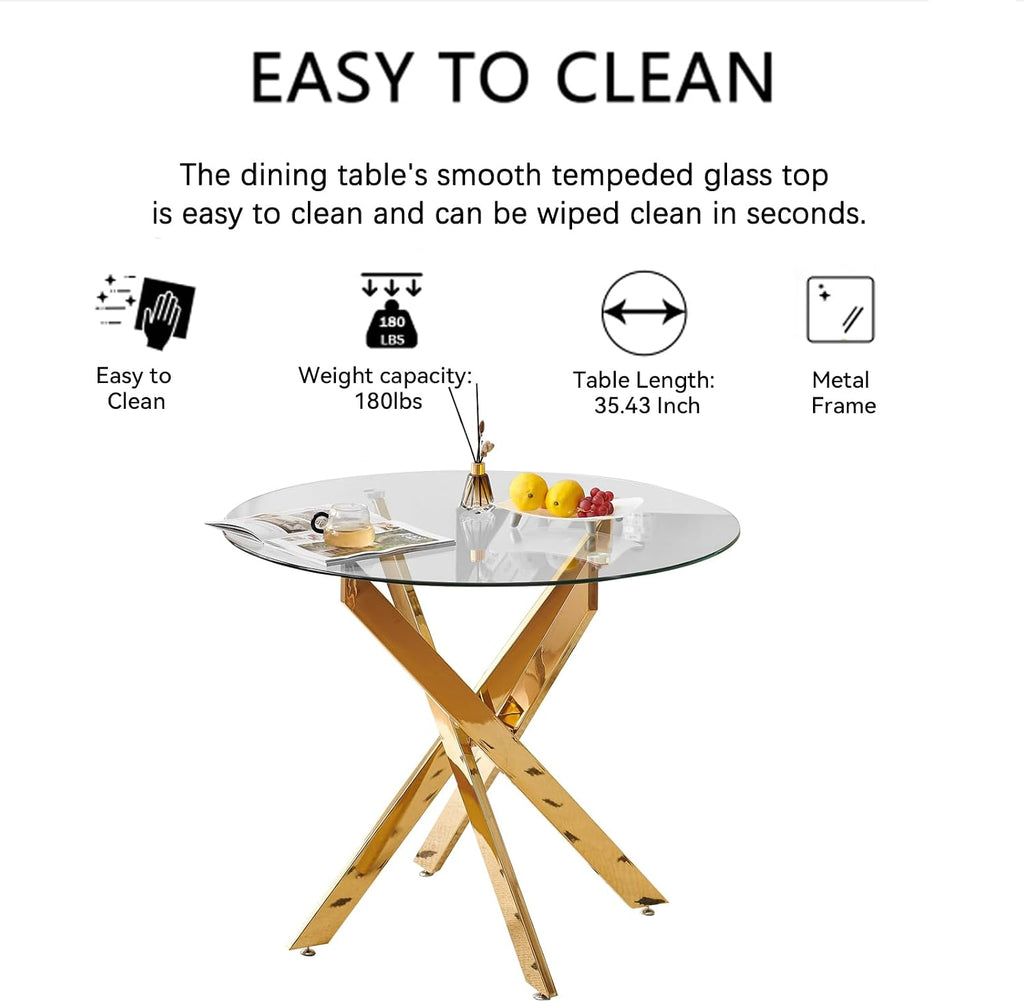 5-Piece Dining Room Table Set, Modern 36" Round Gold Glass Dining Table Set for 4, Kitchen and Dining Table Set with 4 White PU Leather Dining Chairs for Dining Room Kitchen