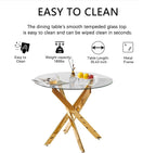 5-Piece Dining Room Table Set, Modern 36" Round Gold Glass Dining Table Set for 4, Kitchen and Dining Table Set with 4 White PU Leather Dining Chairs for Dining Room Kitchen