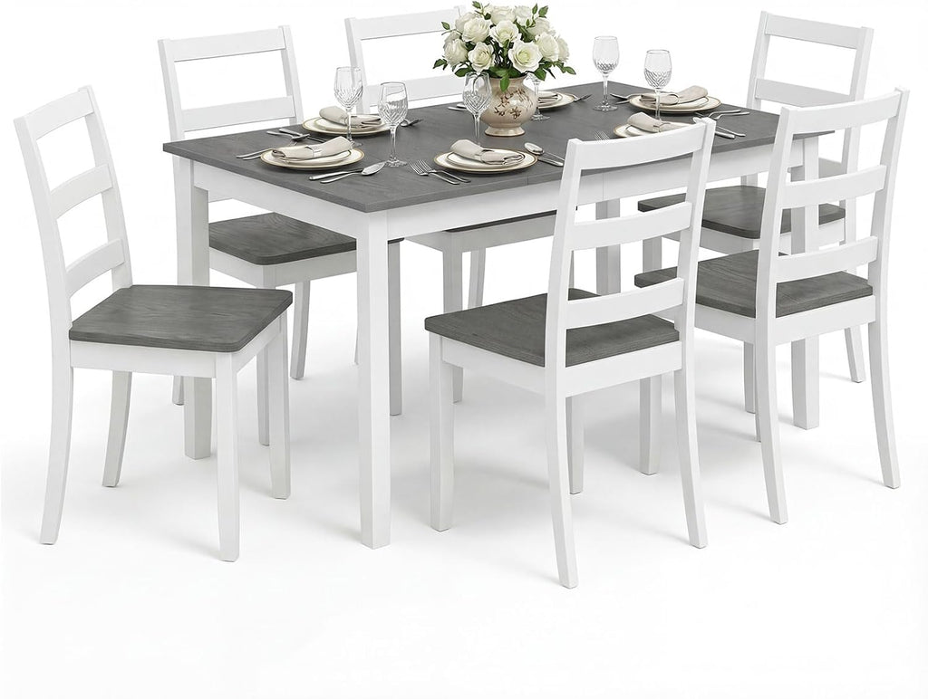 GIANTEX 7-Piece Dining Table Set for 6, Rectangular 60-inches Kitchen Table and 6 Dining Chairs with Rubber Wood Legs, Protective Foot Pads, Farmhouse Dinette Set for Dining Room, Restaurant (Gray)