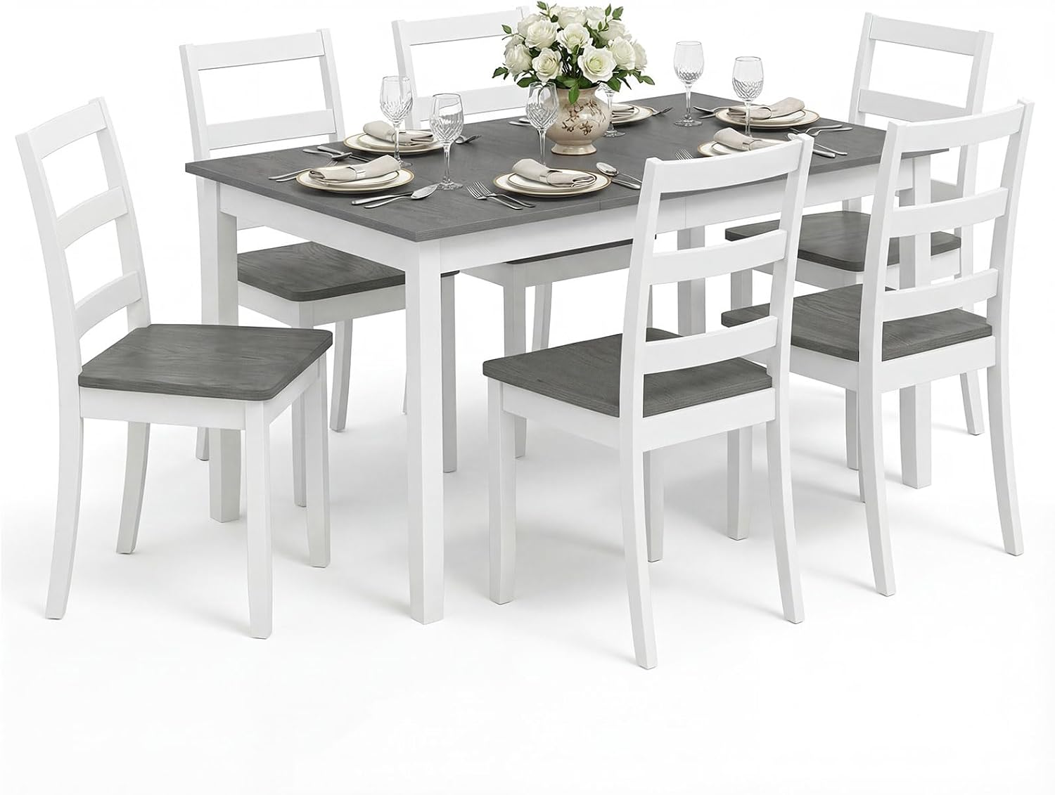 GIANTEX 7-Piece Dining Table Set for 6, Rectangular 60-inches Kitchen Table and 6 Dining Chairs with Rubber Wood Legs, Protective Foot Pads, Farmhouse Dinette Set for Dining Room, Restaurant (Gray)