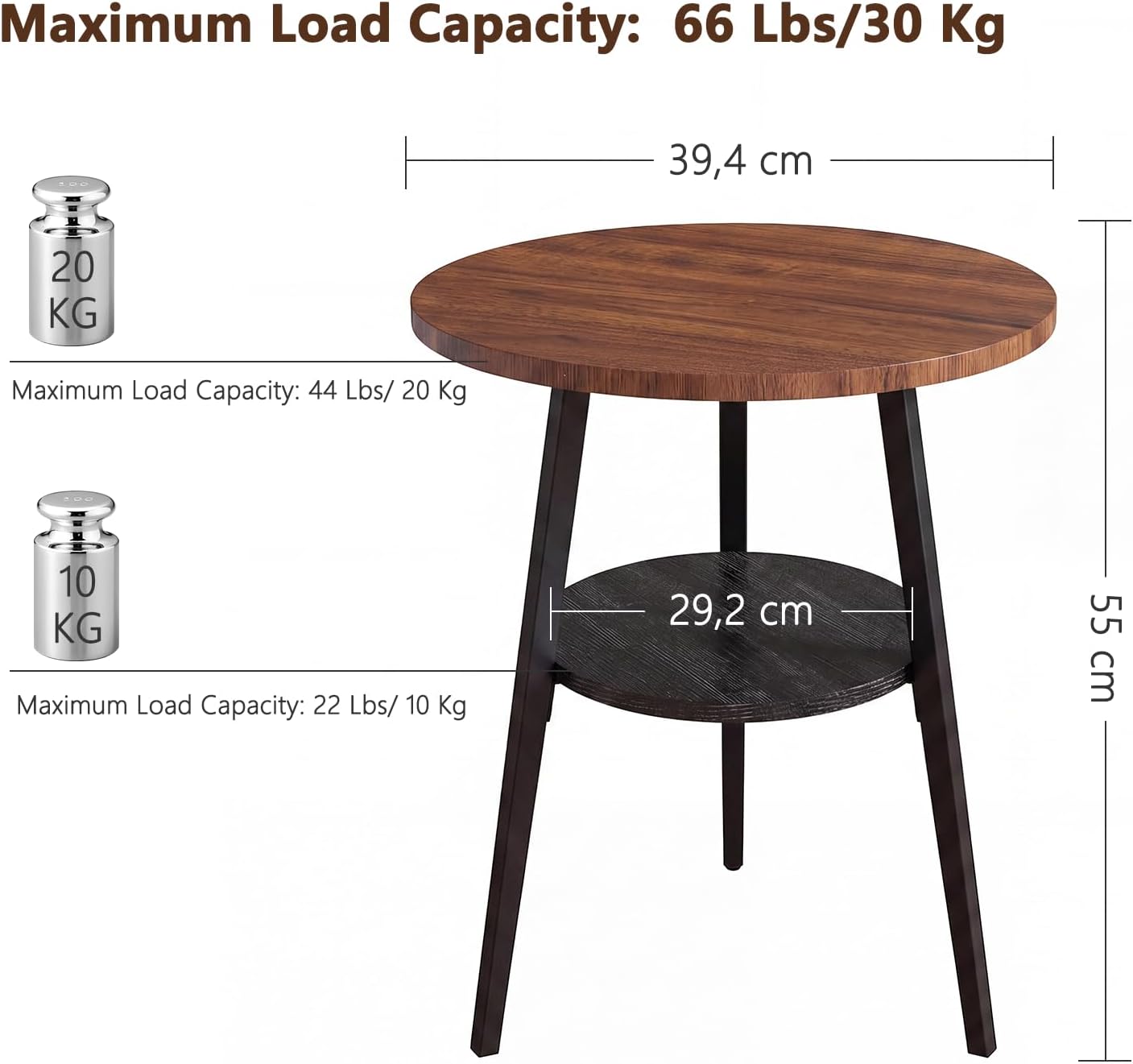 Round End Table, 2-Tier Side Table with Storage Shelf for Small Spaces, Nightstand for Living Room, Bedroom, Metal Frame & Wood Top, Walnut