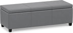 SIMPLIHOME Avalon 48" Wide Vegan Leather Storage Ottoman in Stone Grey | Contemporary lift-top ottoman with high-density foam; rectangle storage bench or coffee table for living room or entryway.