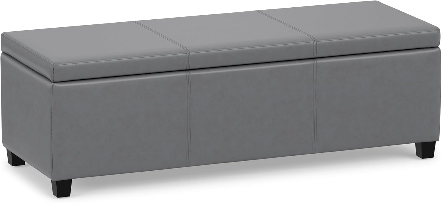 SIMPLIHOME Avalon 48" Wide Vegan Leather Storage Ottoman in Stone Grey | Contemporary lift-top ottoman with high-density foam; rectangle storage bench or coffee table for living room or entryway.
