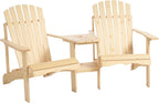 Adirondack Chair Set, 2 Wooden Outdoor Chairs with Center Table and Umbrella Hole, 2 Person Adirondack Bench Fire Pit Seating for Patio Backyard Garden, Natural