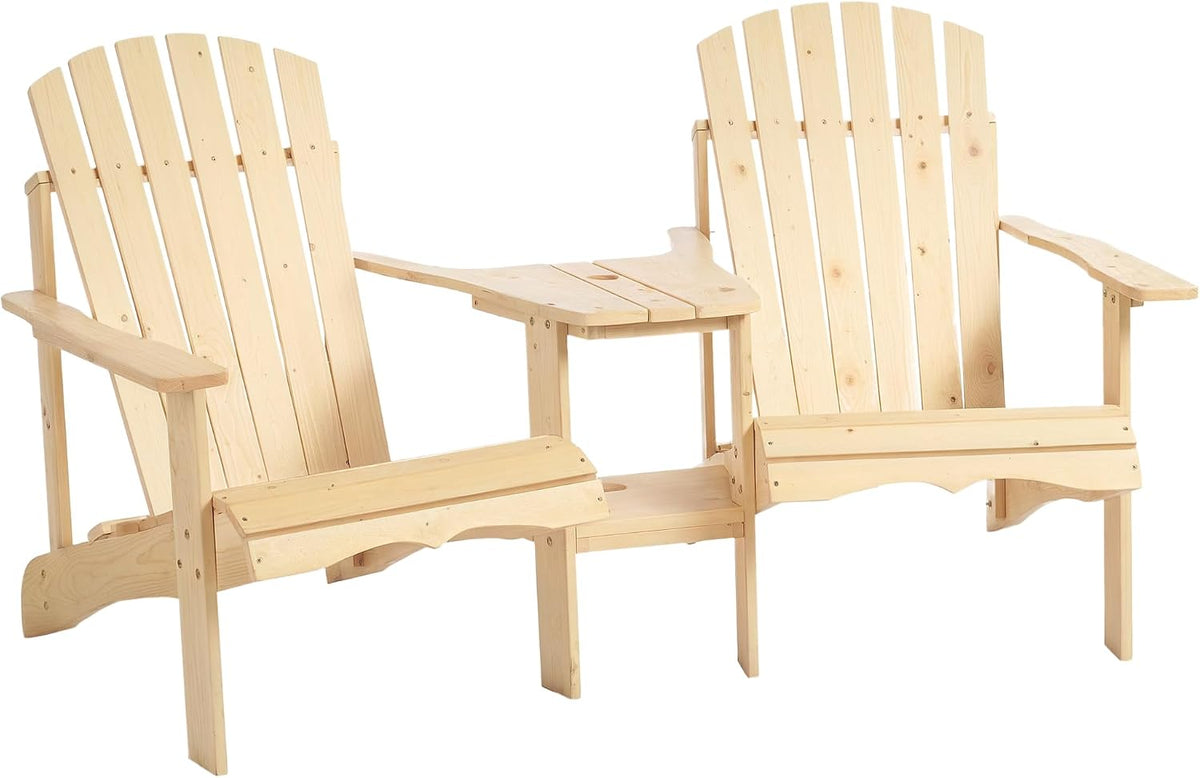 Adirondack Chair Set, 2 Wooden Outdoor Chairs with Center Table and Umbrella Hole, 2 Person Adirondack Bench Fire Pit Seating for Patio Backyard Garden, Natural