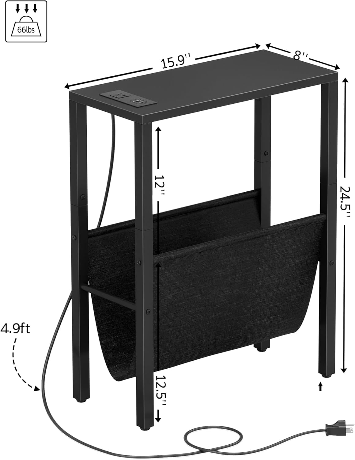 Vagusicc Narrow End Table with Charging Station, Narrow Nightstand with USB Ports & Outlet, Slim Sofa Side Table, Black End Table, Small Side Table for Small Spaces, Living Room, Bedroom, Black