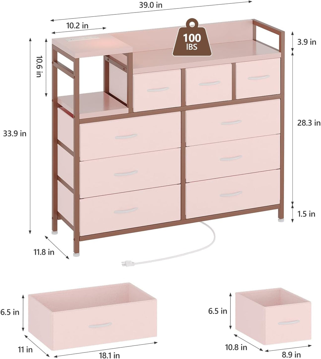Jojoka TV Stand with Charging Station, Bedroom Dresser for Living Room TV Stand with 9 Drawers, Pink