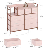 Jojoka TV Stand with Charging Station, Bedroom Dresser for Living Room TV Stand with 9 Drawers, Pink