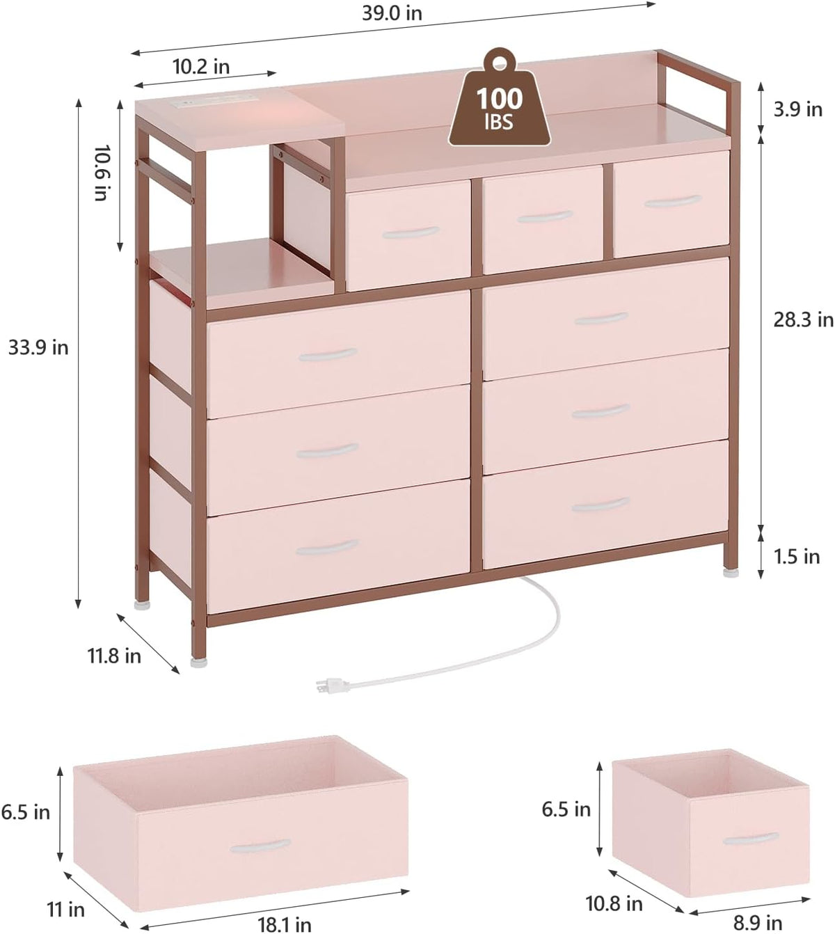 Jojoka TV Stand with Charging Station, Bedroom Dresser for Living Room TV Stand with 9 Drawers, Pink