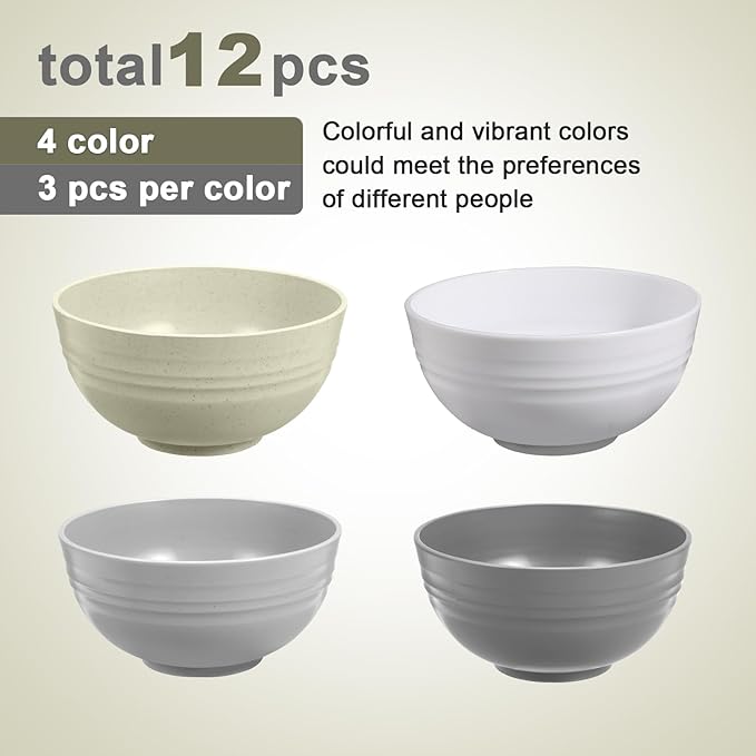 12 Pcs Unbreakable Cereal Bowls Set, 26 Oz Wheat Straw Bowls Set, Microwave & Dishwasher Safe Bowls for Kitchen, Reusable Plastic Bowls for Soup, Salad and Snack, BPA Free, Multicolor