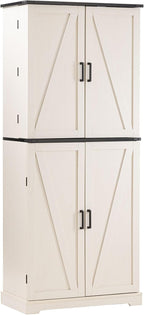 HOMPUS 71" Tall Kitchen Pantry Cabinet with Doors and Drawer, Farmhouse Storage Cabinet with Adjustable Shelves, Freestanding Wood Cupboard for Kitchen, Dining Room, Living Room, Bathroom, Off-White