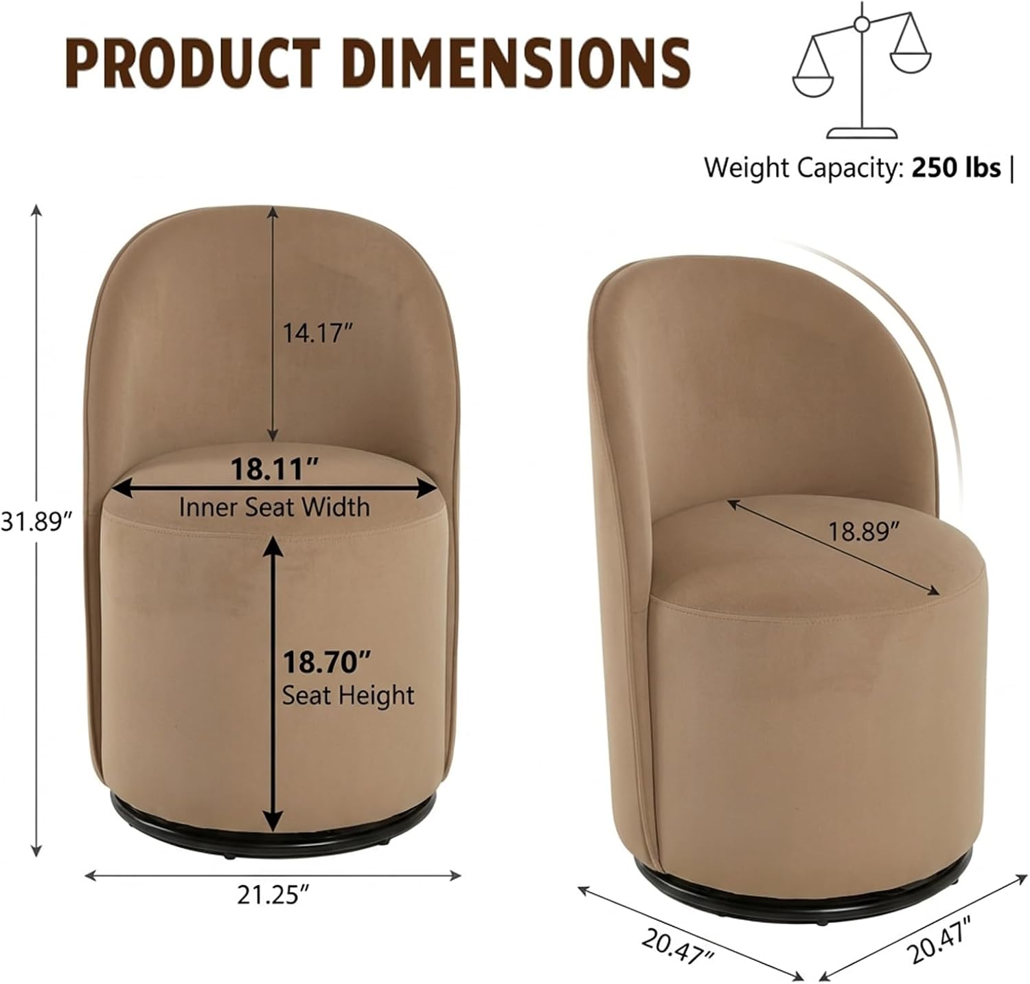360 Degree Swivel Barrel Chair Set of 2, Mid Century Modern Round Velvet Dining Chair Comfy Upholstered Accent Chair Makeup Vanity Side Chair for Kitchen & Dining Room Living Room Bedroom (Brown)
