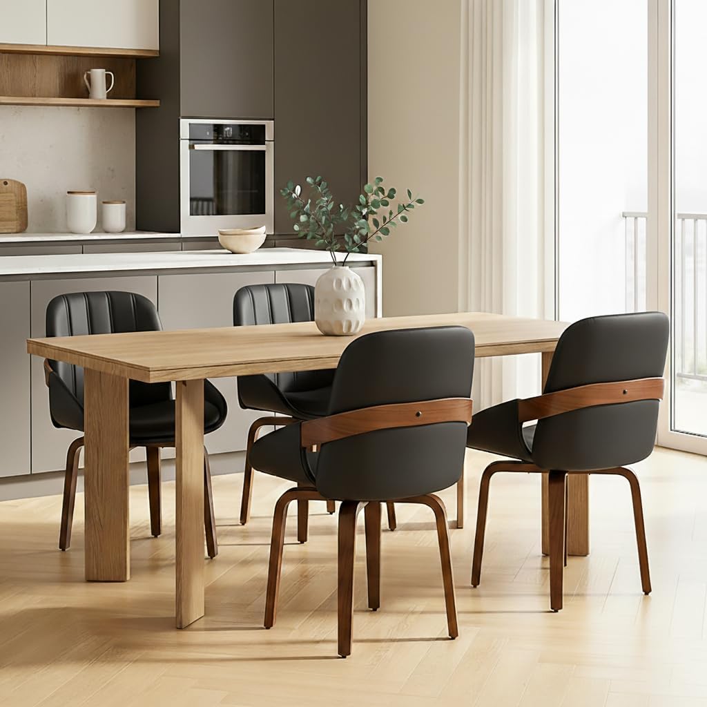 Swivel Black Dining Chairs Set of 4, Mid Century Modern Faux Leather Dining Room Chairs with Arms, Upholstered Kitchen Vanity Accent Chair, Walnut Backrest Support & Sturdy Wood Legs
