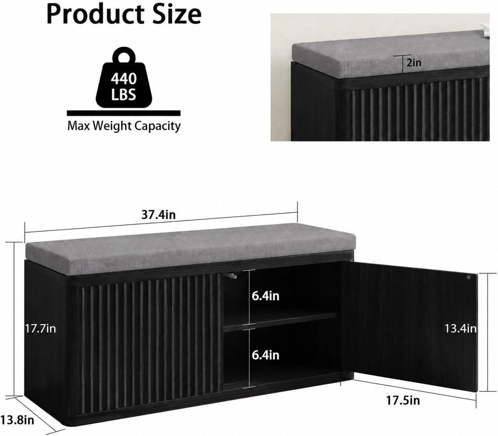 Entryway Shoe Storage Bench with 2" Cushion, 37.4" Small Bench with Shoe Rack, Cabinet Organizer for Hallway, Bedroom End of Bed (Black)