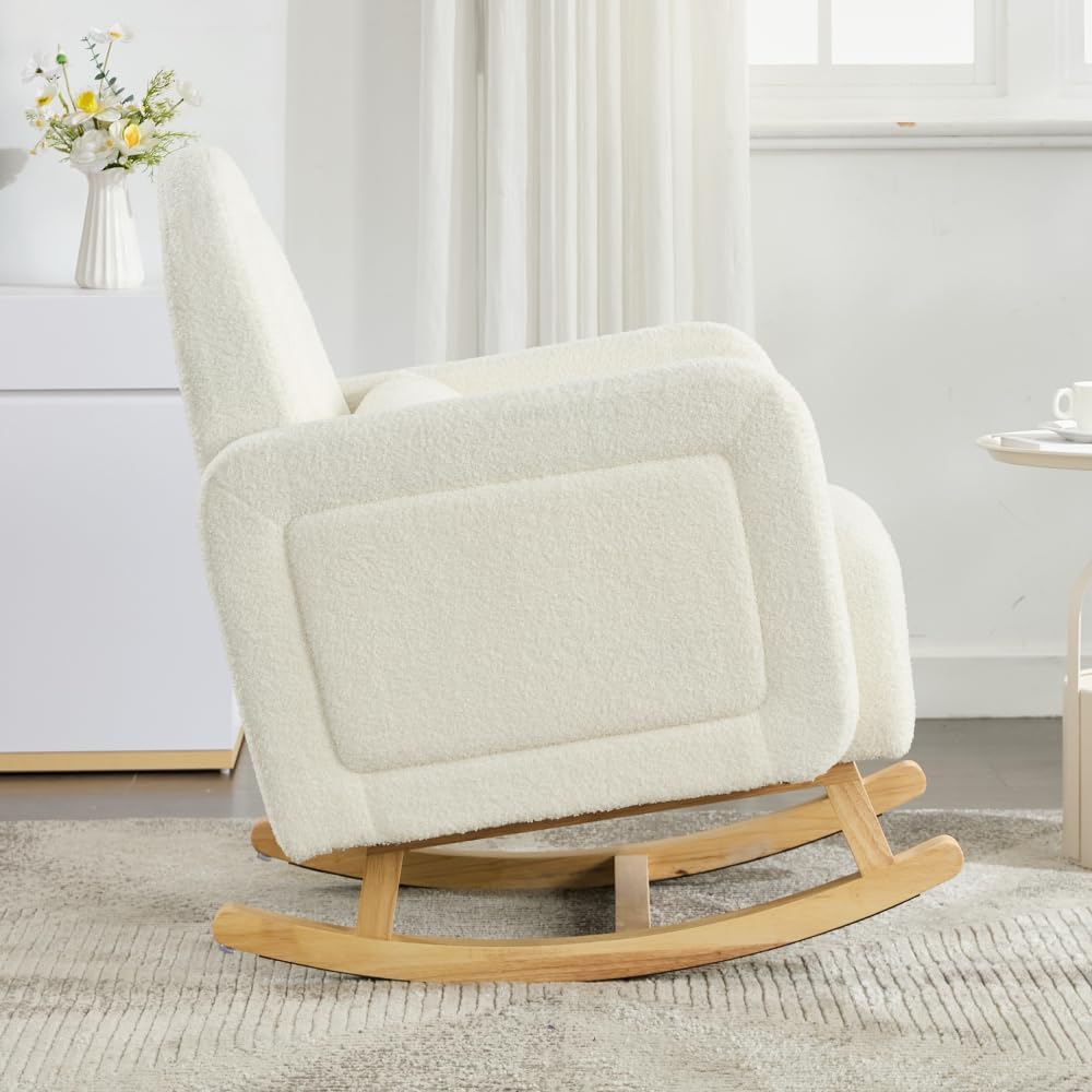 Accent Rocking Chair with Pillow, Ultimate Comfort for Your Home, Teddy Velvet, Cream White (Cream White + Teddy + Rubberwood-1)