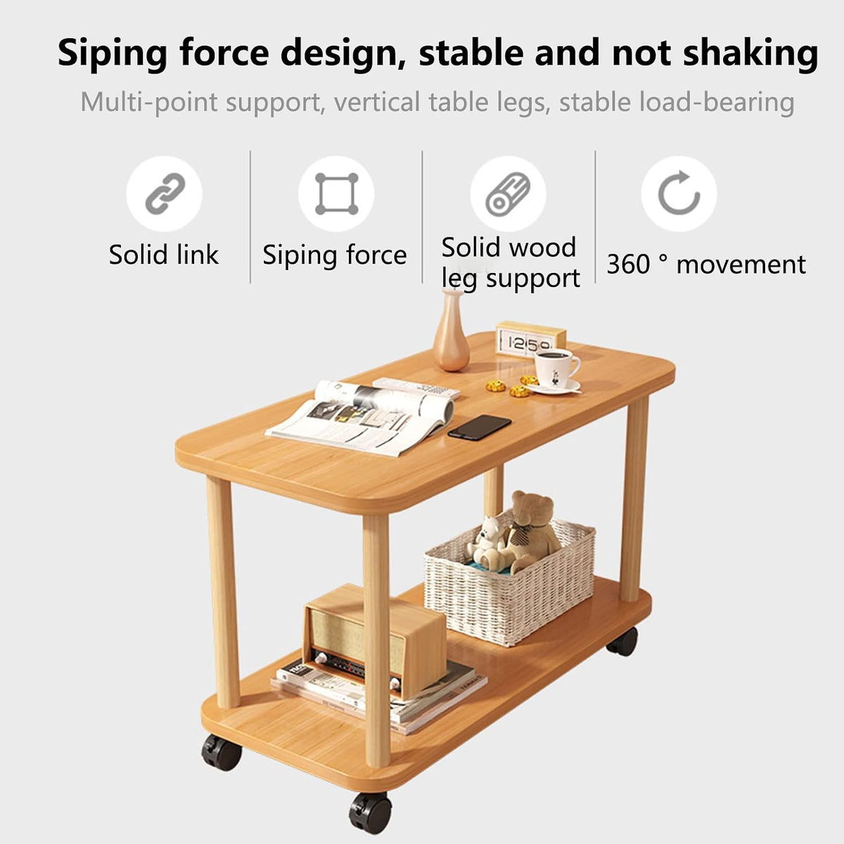 Sofa Side Table with Wheels,Wooden Night Stand with Open Shelf,2 Tier Small Rolling Tea Cart and Coffee Cart for Living Room,Kitchen, Bedroom, Office (Modern)