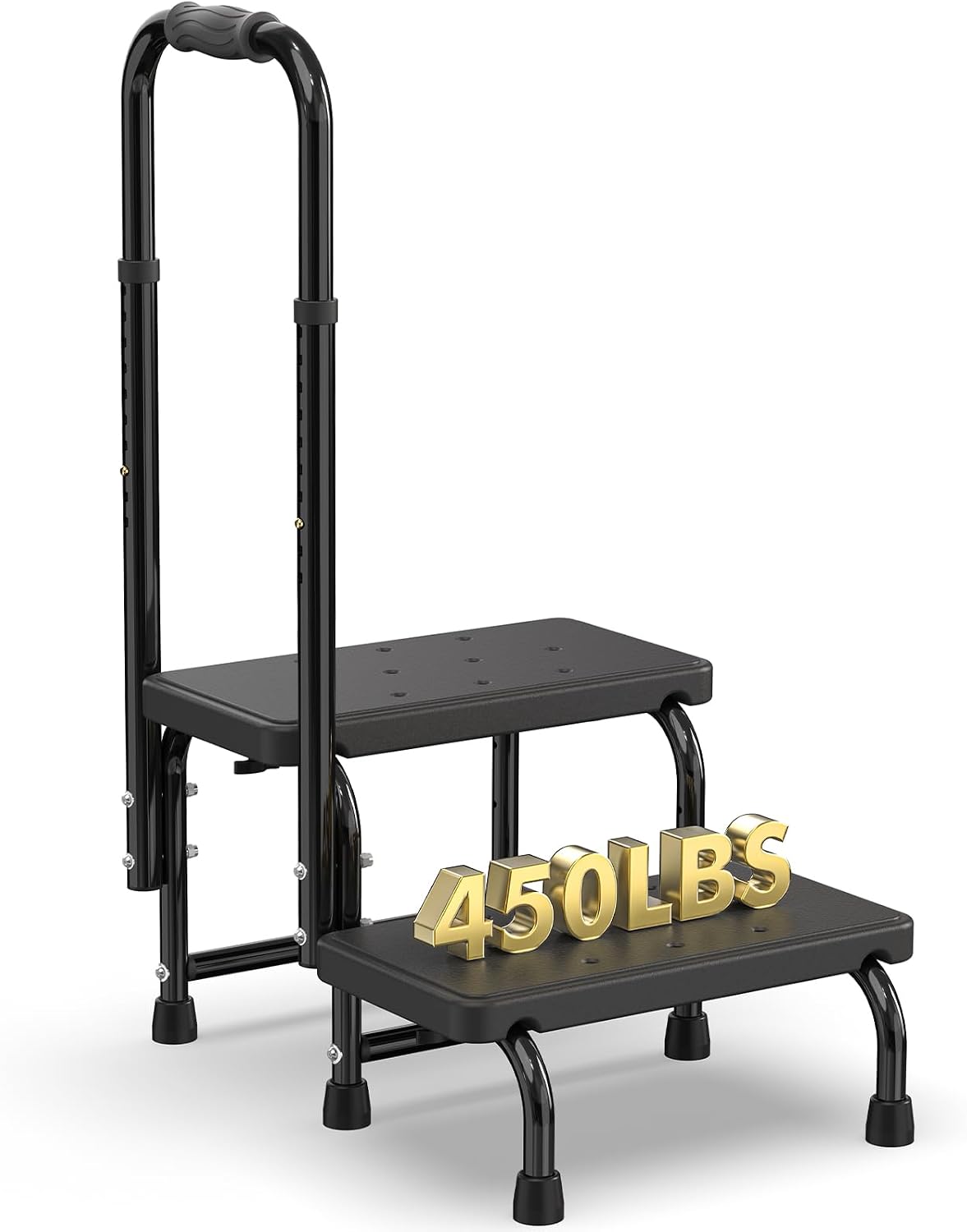 Suteck 2 Step Stool with Handle for Elderly Adults, 6-Leg Welded Bedside Step Stool for High Beds, 10-Level Adjustable Handrail, Wide Non-Slip Platform for Bathroom, Kitchen, RV, 450 lb, Black