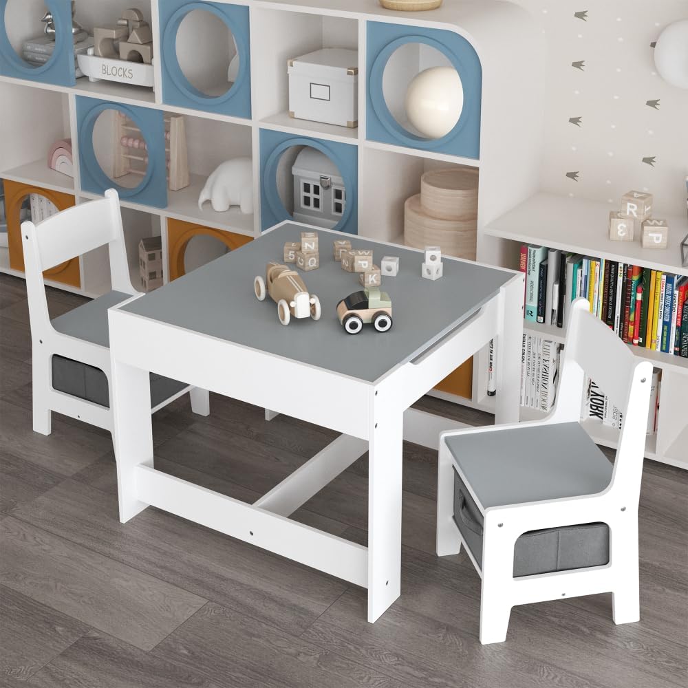 3 in 1 Wooden Activity Table with Storage Drawer for Toddlers Drawing, Reading, Crafts, 2 in 1 Detachable Tabletop Table Set for Nursery, Playroom