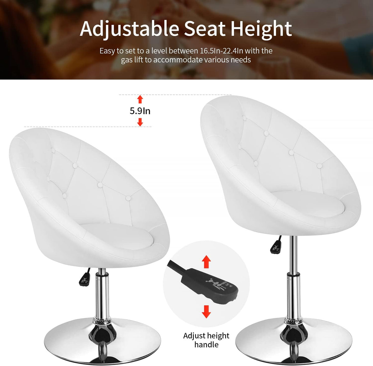 PayLessHere Living Room Vanity Chair Makeup Chair Swivel Accent Chair Round Back Height Adjustable PU Leather Modern Chair for Makeup Room Small Desk,White