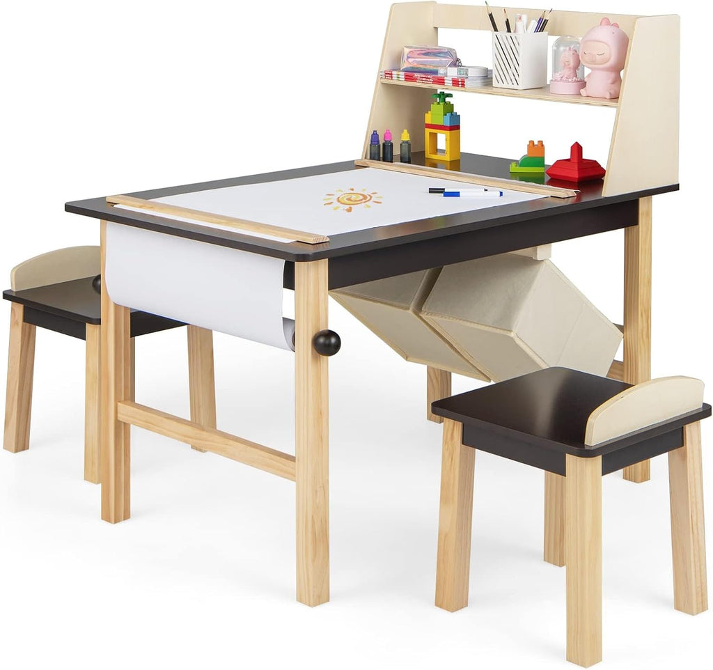 Costzon Kids Art Table and Chair Set, Wooden Activity Table and 2 Stools w/a Paper Roll, 2 Markers, 2 Storage Bins for 3+ Years Old Boys Girls Drawing Painting Craft, Toddler Table and Chairs (Brown)