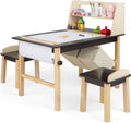 Costzon Kids Art Table and Chair Set, Wooden Activity Table and 2 Stools w/a Paper Roll, 2 Markers, 2 Storage Bins for 3+ Years Old Boys Girls Drawing Painting Craft, Toddler Table and Chairs (Brown)