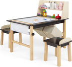 Costzon Kids Art Table and Chair Set, Wooden Activity Table and 2 Stools w/a Paper Roll, 2 Markers, 2 Storage Bins for 3+ Years Old Boys Girls Drawing Painting Craft, Toddler Table and Chairs (Brown)
