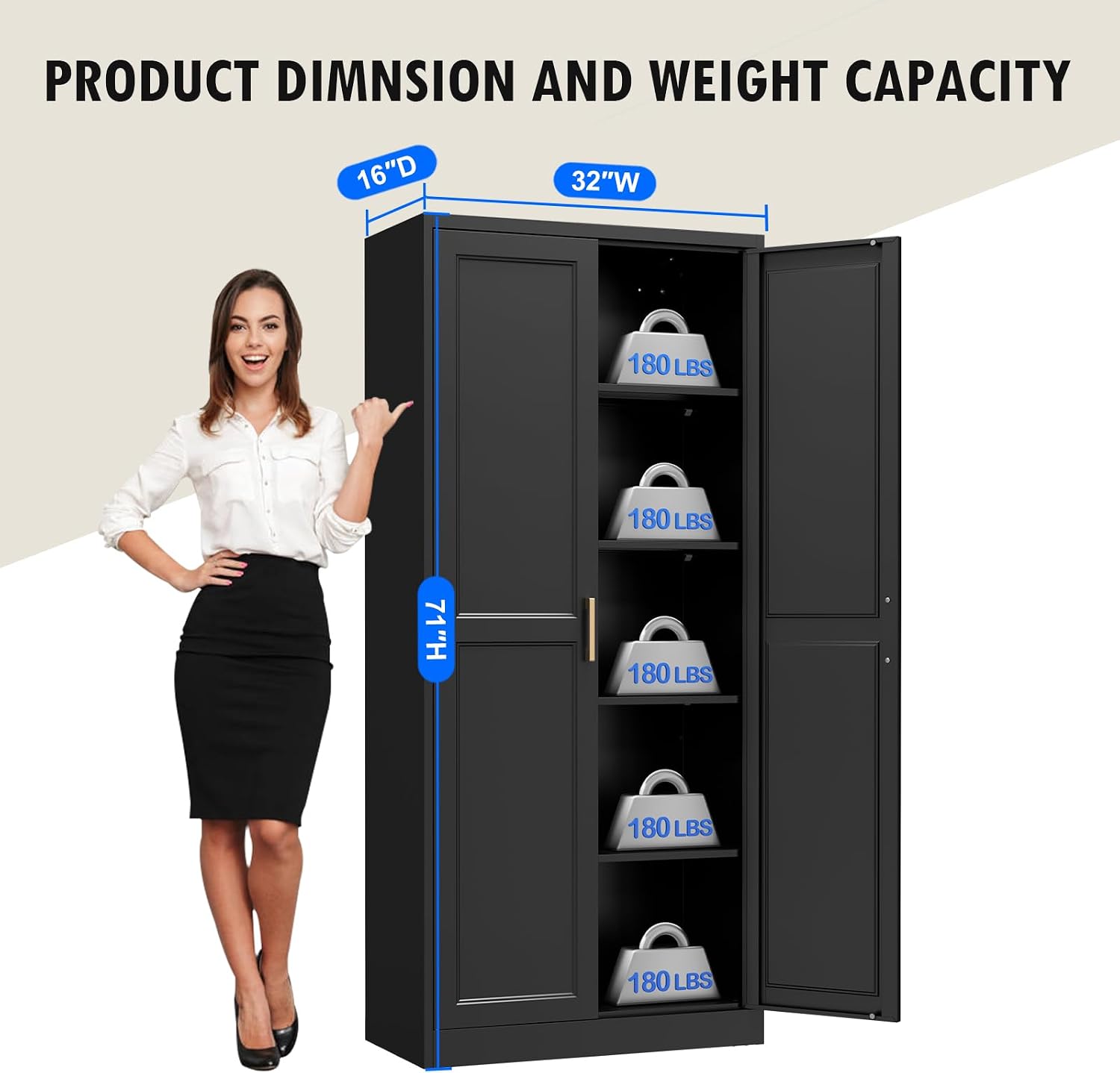 Polup Pantry Cabinet, 71" Tall Metal Storage Cabinet with Doors and Shelves | Black Kitchen Cabinet, 5-Tier Heavy Duty Steel Cupboard, 4 Adjustable Shelving, Gold Handles, for Dining Room Garage, Laundry