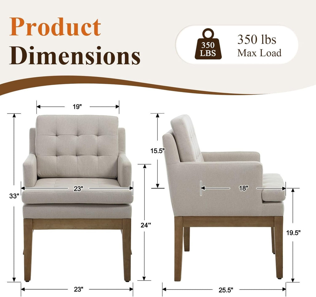 Linen Fabric Dining Chairs Set of 2, Upholstered Tufted Kitchen Room Chairs with Arms, Cozy Farmhouse Solid Wood Accent Side Chair for Dining/Living Room, Removable Cushion, Light Grey
