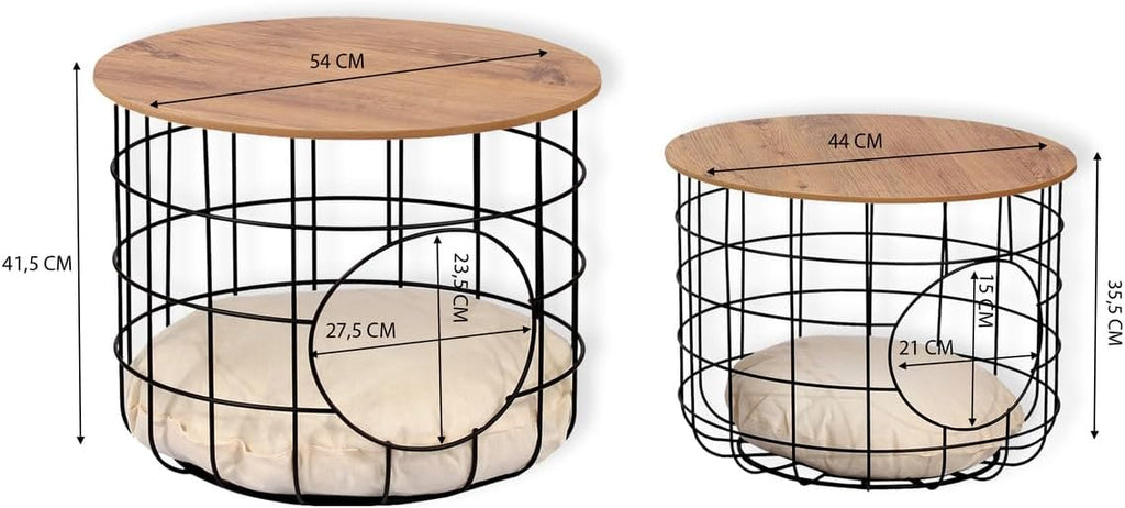 2-Piece Nesting Side Table Set with Cushions Scandinavian Style Round MDF and Metal Frame Modern Living Room Furniture Coffee Table for Pets 21.3 in Diameter - Pine-Black-White Cushion