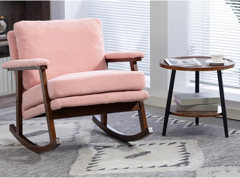 Mid Century Modern Accent Chair,Rocking Chair with Wood Frame, Upholstered Living Room Chairs, Reading Armchair for Bedroom Sunroom (Light Pink + Velvet + Cotton)