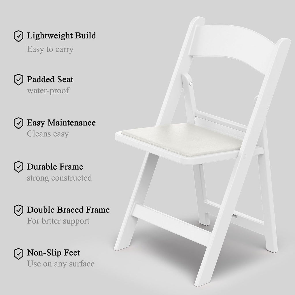 Nazhura Garden and Patio Folding Chair Set of 4 for Events and Wedding, Lightweight with Padded Seat, Water-Proof, Double Braced Frame, Non-Slip Feet, 350LB Capacity (White)