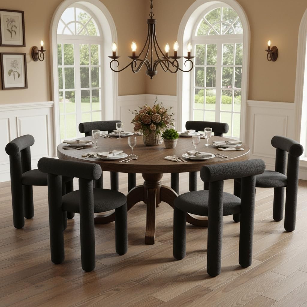 DUOMAY Modern Black Boucle Dining Chairs Set of 4, Sherpa Upholstered Kitchen Chairs Armless Barrel Back Dining Chair, Living Dining Room Chairs, Reception
