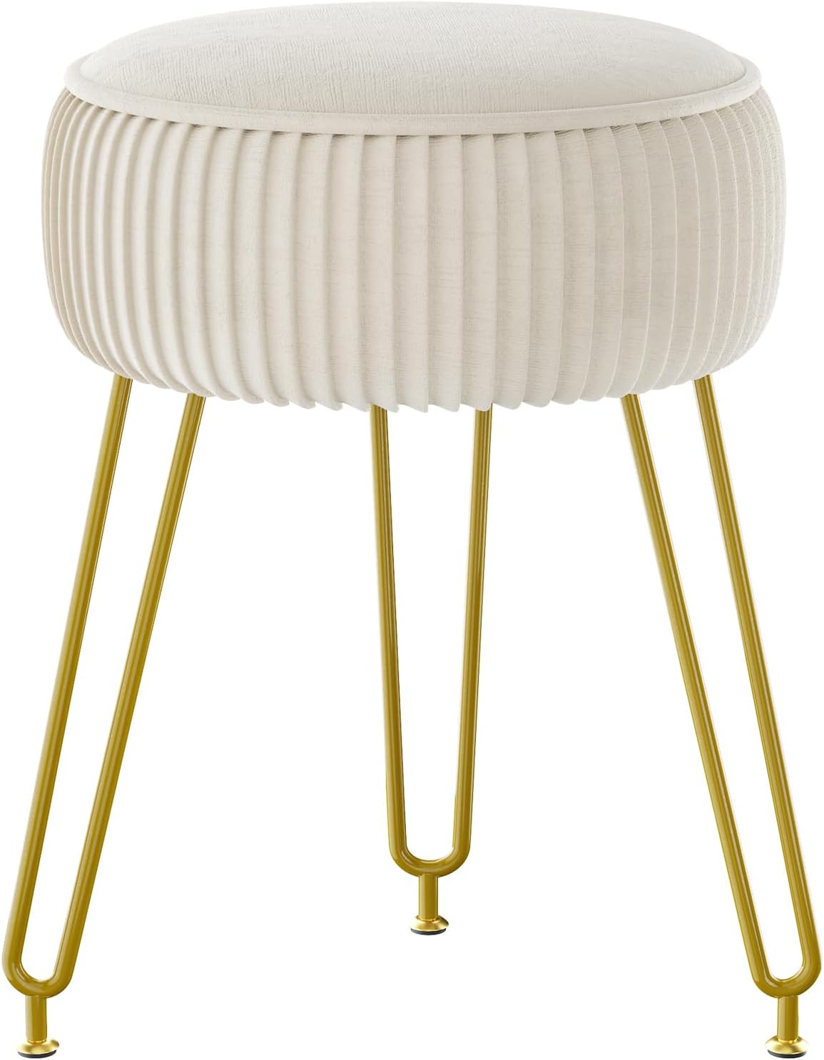 IBUYKE Makeup Vanity Stool, Velvet Round Footrest Ottoman, White LG-30M | Dressing Table Seat Pouf Couch chair Golden Steel Legs