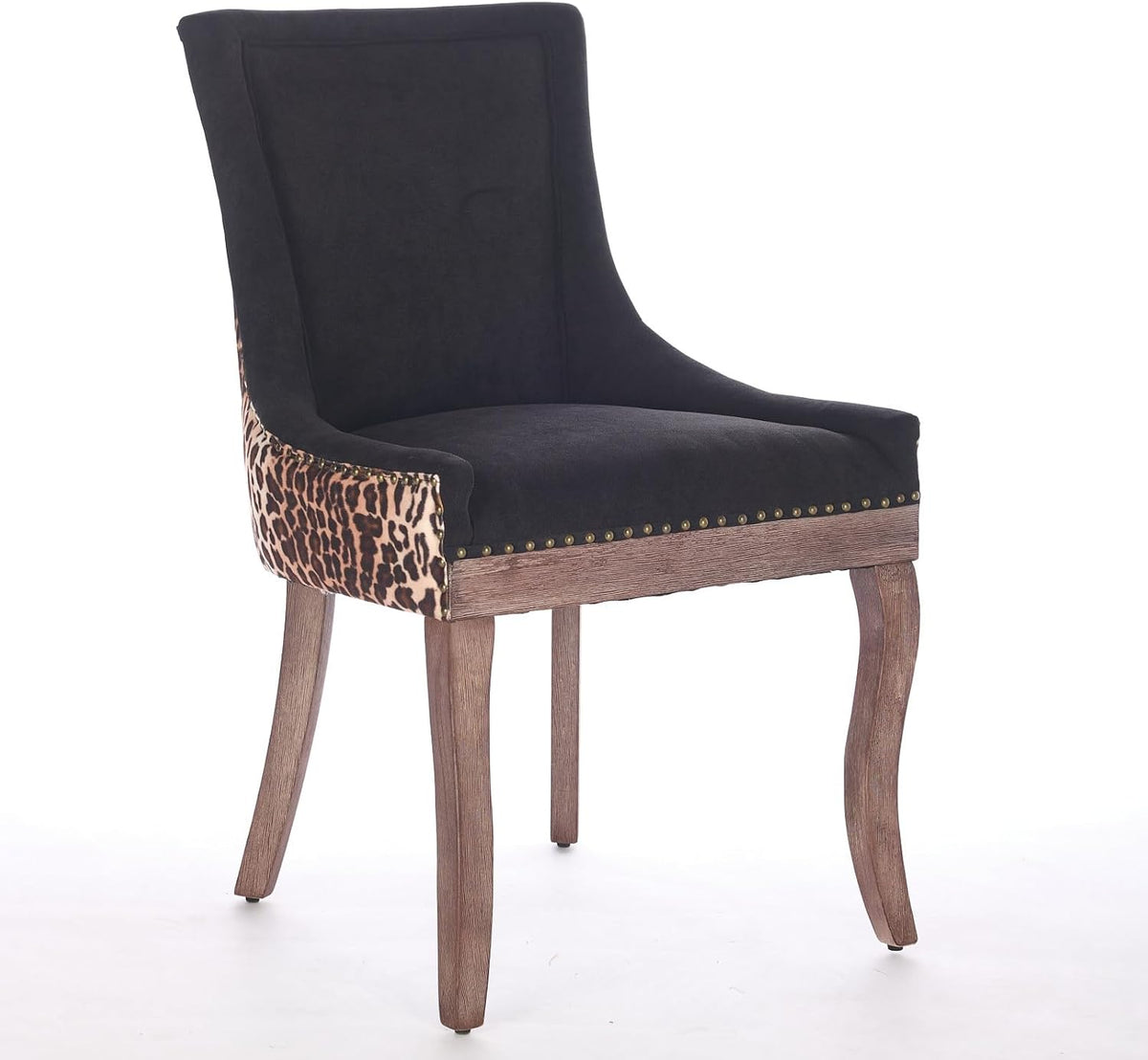 LKTART Upholstered Dining Chairs Set of 2, Solid Wood Kitchen Dining Room Chairs with Thicken Padded and Nailhead Trim for Home Kitchen Bedroom Black and Leopard