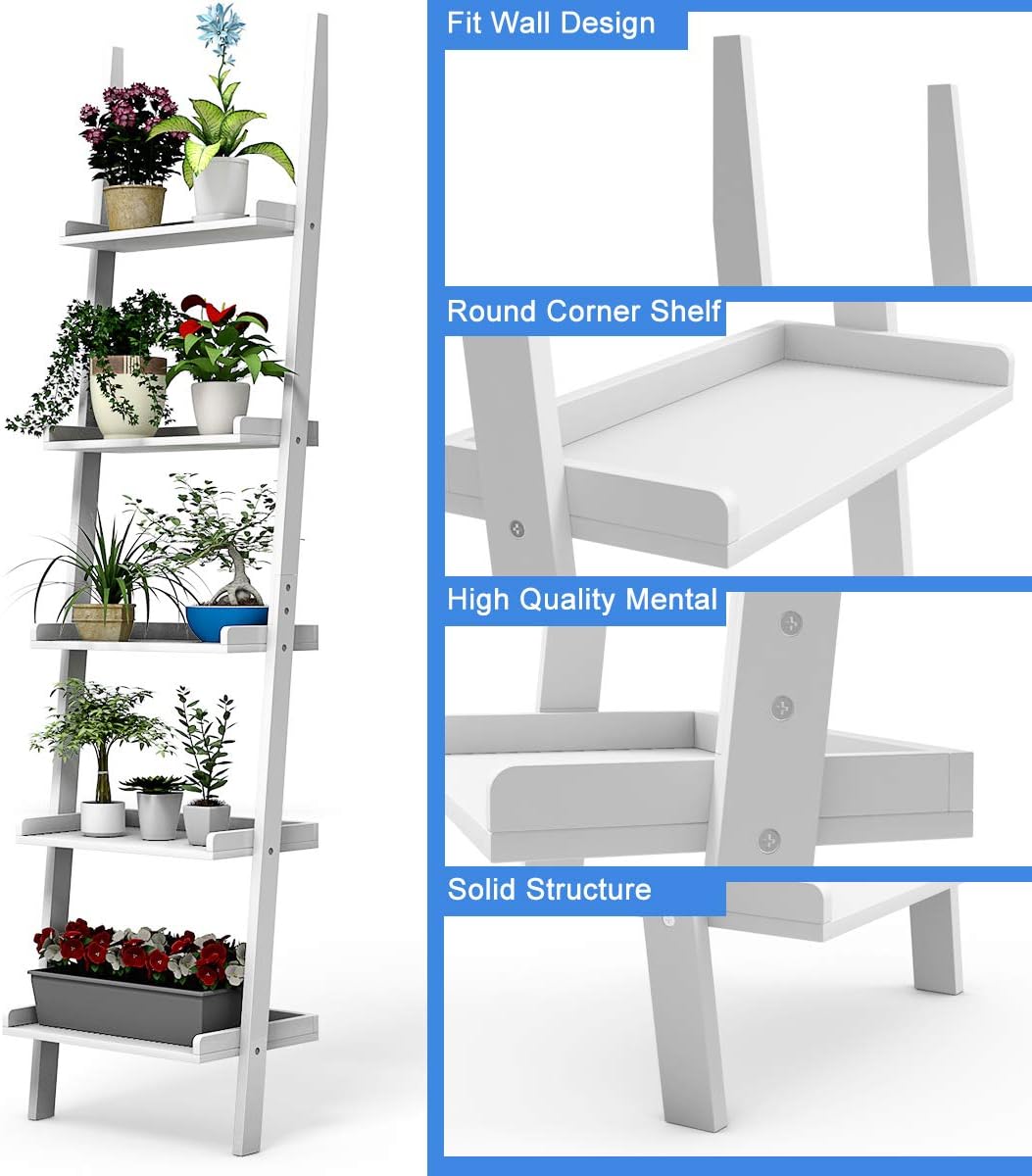Tangkula Ladder Shelf, 5-Tier Multifunctional Modern Wood Plant Flower Book Display Shelf, Home Office Storage Rack Leaning Ladder Wall Shelf (White, 1)