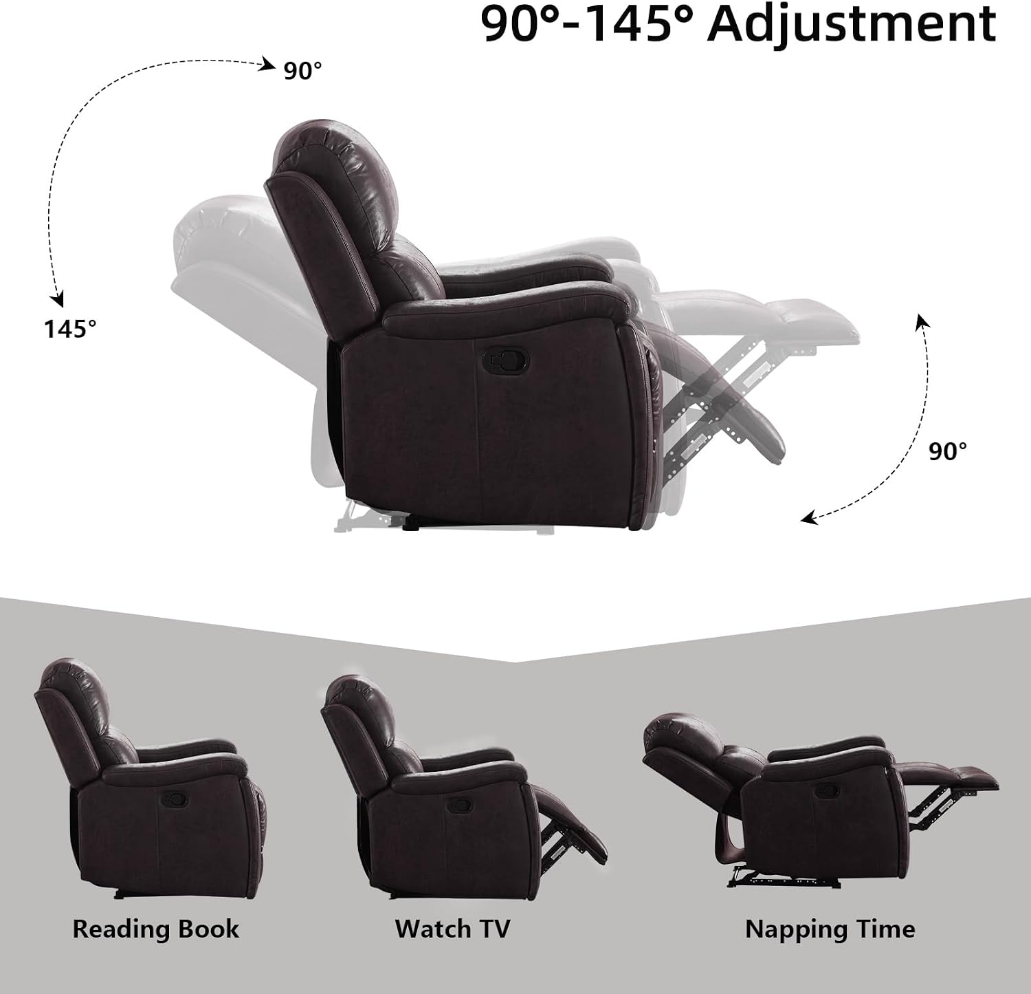 IOMOR Leather Recliner Chair, Manual Recliner Chair for Adults with Overstuffed Arms and Back, Single Sofa Recliner with Cup Holders for Living Room (1, Dark Brown)