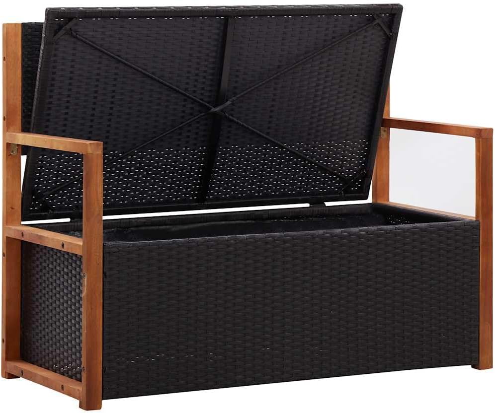 Outdoor Storage Bench with Solid Acacia Wood Accents and Comfortable Cushion, 45.3 inch Poly Rattan Garden Seating for Patio, Deck, and Backyard Organization