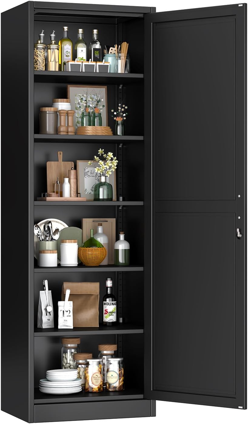 Metal Narrow Pantry Cabinet with Doors and Shelves, 67" H Tall Locker Cabinet for Kitchen, Living Room, Bathroom, 1 Door with Lock, Black