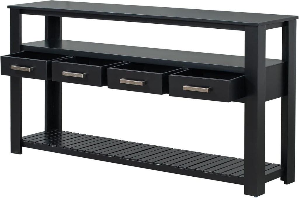 LKTART Console Table for Entryway with 4 Drawers,61.5'' Long Sofa Table with 3-Tier Open Shelves,Entry Table for Hallway,Foyer,Living Room,Black