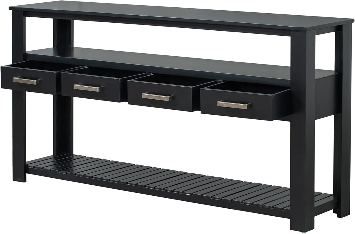 LKTART Console Table for Entryway with 4 Drawers,61.5'' Long Sofa Table with 3-Tier Open Shelves,Entry Table for Hallway,Foyer,Living Room,Black