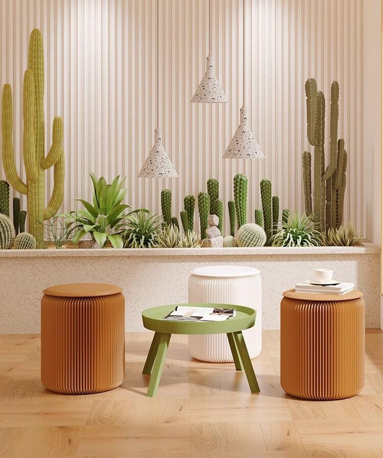 Home Furniture Modern Design Accordion Portable Folding Paper Stool Kraft Paper Relaxing Multifunction Round Foot Stool Side table-Fashion Paper Design Ideal for School Living Dining Room (Brown)