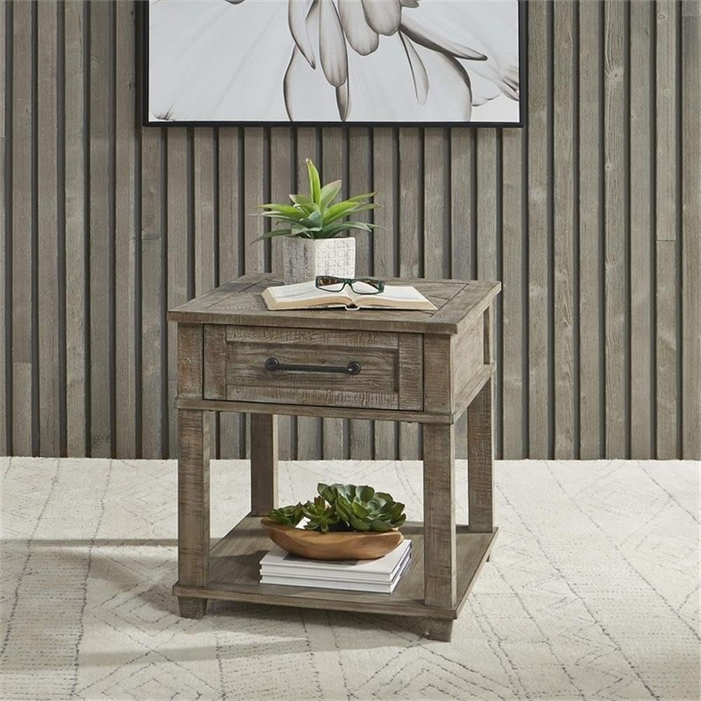 Pemberly Row 3 Piece Pine Wood Living Room Table Set, Weathered Taupe Finish, Planked Top Coffee Table with Casters, Cedar-Lined Storage, Two End Tables, Rustic Style Furniture for Living Room Decor