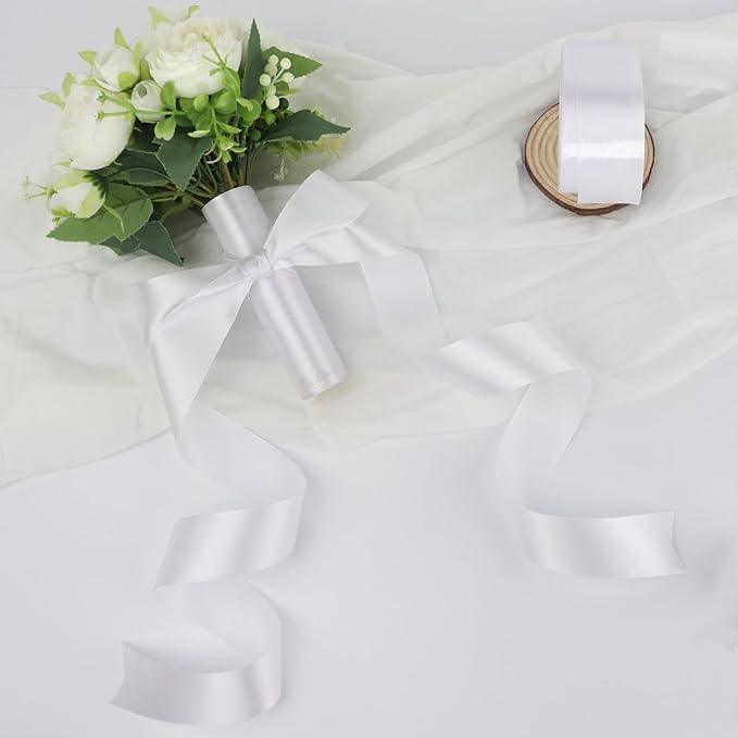 White Solid Satin Ribbon 1-1/2 Inch 25 Yards Solid Polyester Fabric Ribbon for Gift Wrapping Wedding Christmas Baby Shower Birthday Party Decoration Handmade Immortal Flower Craft
