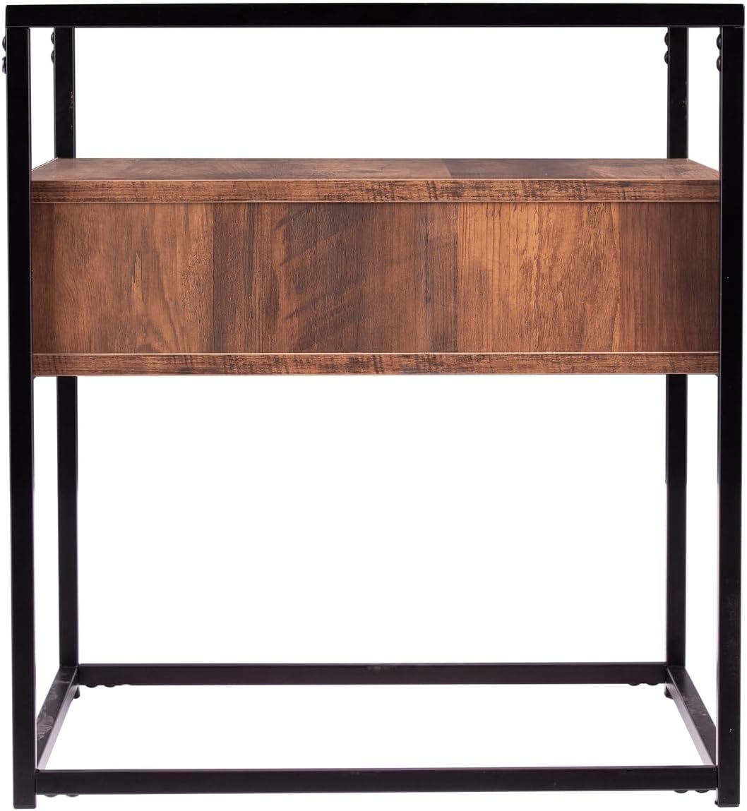 HomeStock Glass Top End Table with Drawer & Shelf - Industrial Accent Table - 20" Square