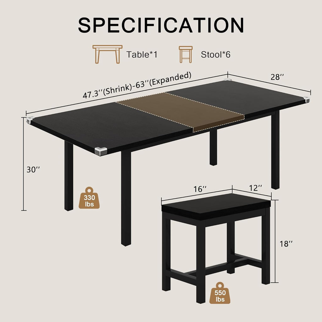 Einhomn 7-Piece Dining Table Set, 63" Extendable Kitchen Room Table with 6 Stools, Mid Century Modern Dinner Table with Metal Frame & MDF Board, Space-Saving, Easy Assembly, Black